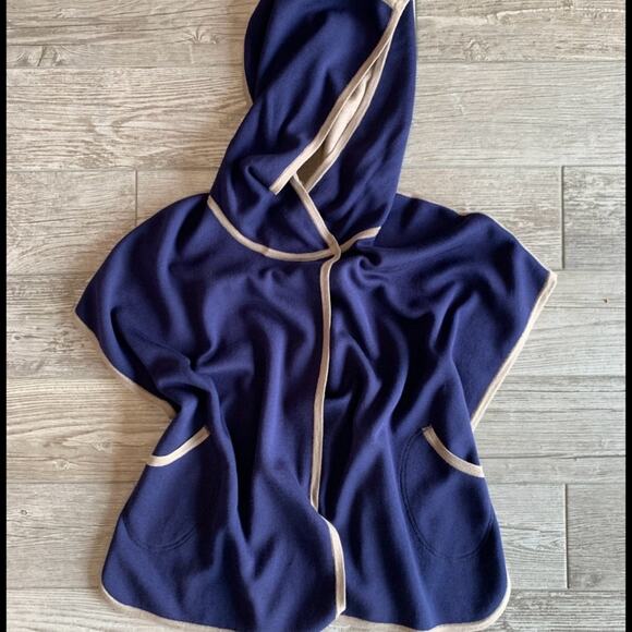 Double R Double Faced Silk/ Cashmere Poncho Navy Camel Size M - Picture 1 of 12